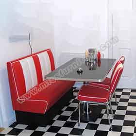 1950s retro diner table and booths R-8110-Beautiful red and white booth seating set furniture, midcentury retro diner Bel Air booth seating and Chrome diner chair table set