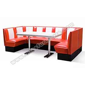 1950s retro diner table and booths R-8121-Customize red and white leather stripe U shape american diner booth couch and formica diner table furniture set