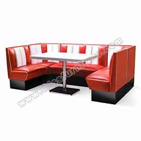 1950s retro diner table and booths R-8123-Wholesale U shape 1950s retro american diner booth Bel Air couch and white retro cafeteria table furniture set