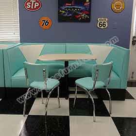 1950s retro diner table and booths R-8129-High quality turquoise U shape V back 1960s american diner booth seating furniture set with diner table, chrome diner chair set