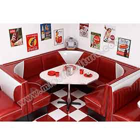 1950s retro diner table and booths R-8148-wholesale PVC leather V-back with piping 3/4 U shape restaurant 1950s diner booth seating with table set furniture