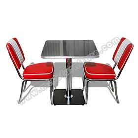 1950s retro diner table and chairs R-8182-High quality red stripe with piping leather dining room chrome 50s retro diner chairs with black diner table set furniture