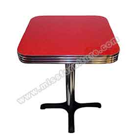 Red square color Formica laminate table top with black iron cross table legs midcentury retro 1950's dinette table