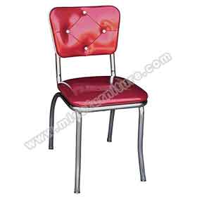 Glossy red vinyl thin seat with 4 button backrest retro dining room chair, stainless steel american style 50's retro dining room chairs