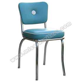 Light blue colour one button back 60s retro dining room chairs, stainless steel frame with middle button back 1960s style retro dining chairs