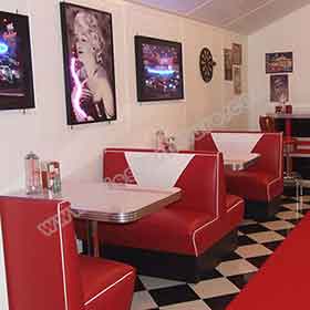 1950s retro diner table and booths R-8149-red and white V backrest american 50s diner booth couches and table set, back to back doubleside red 1950s american diner booth couches and table set furniture M-8149