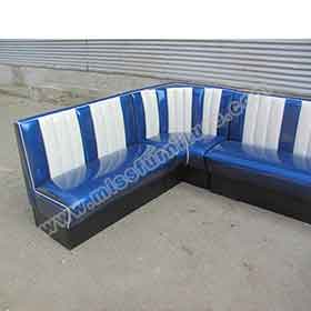 Blue and white stripe back retro 1950's L shape restaurant booth sofas, customize blue leather stripe corner restaurant booth sofas