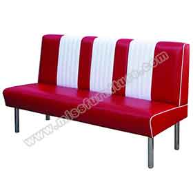 american 1950s retro diner booths R-8565-Metal frame red and white 3 seat 1960s retro dining booth couches, stripe back 59in red leather retro 1960s dining room booth couches