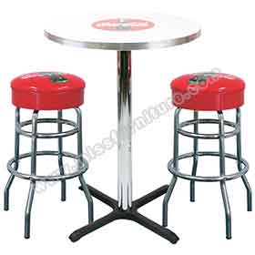 Customize cola red colour retro american dinette round bar table and bar stools set, steel frame retro dinette round barstools and bar table set