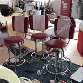 american 1950s retro diner stools R-8811-Fifties glossy stainless steel rubby and white dinette retro diner bar chairs,thin and smooth seater rubby PU leather dinette retro 50s bar chairs