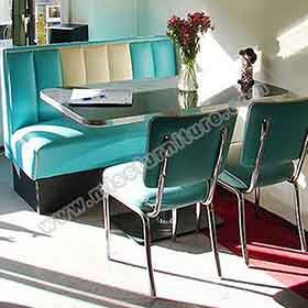 1950s retro diner table and booths R-8107-High quality turquoise stripe retro American diner booth seating Bel Air booth seating and table Chrome diner chairs set furniture