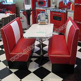 1950s retro diner table and booths R-8108-High quality red and white 1950s style retro american diner Bel Air booth seating and white table set