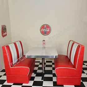 1950s retro diner table and booths R-8111-American restaurant furniture fifties retro style red diner booth seating and rero table set furniture for sale