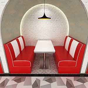 1950s retro diner table and booths R-8114-midcentury american style retro diner table and booth set, red and white leather stripe back retro diner booth and stainless steel retro diner white table set