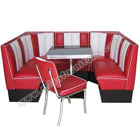 1950s retro diner table and booths R-8124-Customize rubby leather 4 set corner 50s retro diner booth seating sofas and black dinette table set furniture