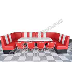 Beautiful cafeteria red stripe PU leather U shape combination 50s retro diner booth couch and diner table furniture set