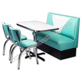 1950s retro diner table and booths R-8143-Whoelsale blue PU leather V back with piping 1950's retro diner booth seating with diner table, chrome diner chair set