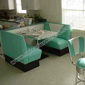 1950s retro diner table and booths R-8145-Customize V back with piping turquoise vinyl restaurant 1960s retro diner Bel Air booth couch with retro diner table furniture set