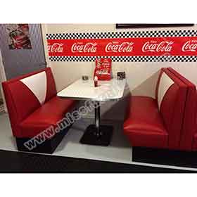 1950s retro diner table and booths R-8147-Durable rubby color V back leaather 2 seats long 60s dining room american diner booth sofas with formica retro table set furniture