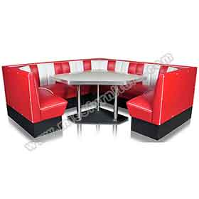 1950s retro diner table and booths R-8152-Customize 3/4 U shape american style red and white leather stripe with piping 1950s diner booth seating with table set furniture