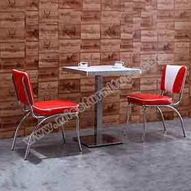 1950s retro diner table and chairs R-8185-Durable high gloss red leather V back with piping restaurant 50s american diner chairs with square table set furniture