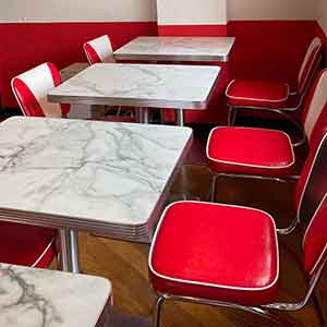 1950s retro diner table and chairs R-8187-Glossy white marble style square 1950s style retro diner table set furniture, midcentury 2 seat red and white V shape back retro diner chairs and formica marble style diner table set