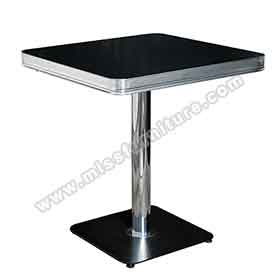 American 1950s retro diner table R-8210-Glossy Formica black color table top with steel table edge and square black iron legs retro 50s cafeteria table