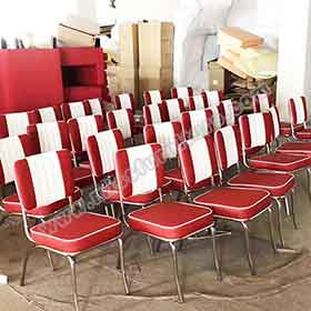 Stripe back red and white leather 1950s retro dining room chairs, red color steel frame retro 1950s dining chair with stripe backrest