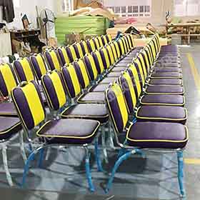 american 1950s retro diner chairs R-8372-Customize purple with yellow stripe back midcentury retro diner chairs, steel frame with handle back 1950s retro dining room chairs