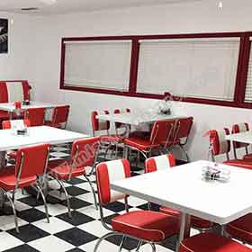 1950s retro diner table and chairs R-8195-Red and white stripe backrest vintage american style retro 50s dining room chairs and table set, red leather 1950s style american retro dining table and chairs set M-8195