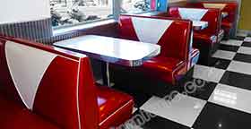 Back to back double side 4 seat V backrest midcentury 1950s style retro diner booth seating with table set, doubleside red retro 50s diner table and booth seating set M-8150