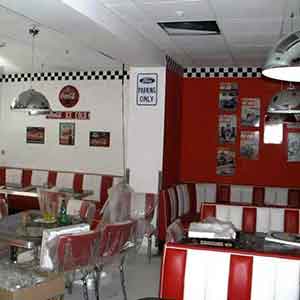 New Zealand Red 50s Diner-Customize red corner 1950s diner booth seating and table set, 4 seat retro diner table and chairs set, 1950s diner pendant lights gallery