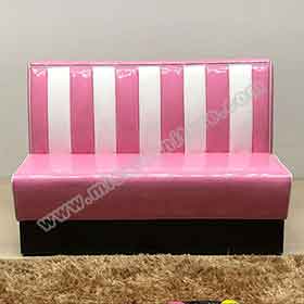 american 1950s retro diner booths R-8516-Pink and white colour 1950's retro dinette booth sofas furniture, stripe backrest 3 seater pink PU leather 50's style dinette retro booth seating