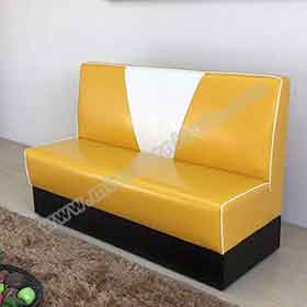 Gloss yellow colour V back 3 seat 1950s coffee room  booth couches, with black footer long V backrest retro 1950s coffee booth couches