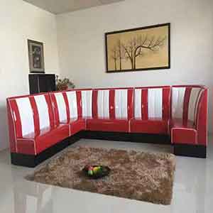 american 1950s retro diner booths R-8572-Customize U shape square american 50s diner booth couches, midcentury red and white leather U shape long retro diner booth couches