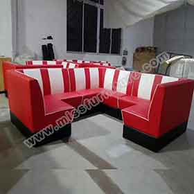 american 1950s retro diner booths R-8553-Midcentury 1950's style red and white retro corner booth couches, red colour stripe back U shape retro diner corner booth couches