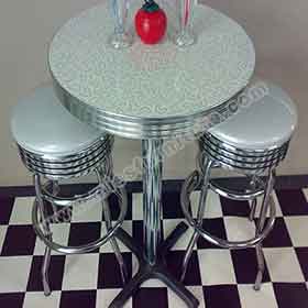 50s retro bar tables and chairs set R-8610-American mid century round white formica retro bar table and bar stools set, stainless steel round white round bar stools and table set furniture