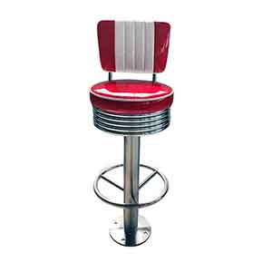 american 1950s retro diner stools R-8841-Fixed to floor glossy red and white stripe back retro round barstools, steel frame with red leather upholstered retro diner bar stools