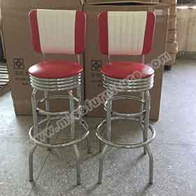 Steel red and white round american style retro 50s bar stools, dining room stainless steel red stripe back round 1950s retro bar stools chairs