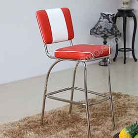 american 1950s retro diner stools R-8823-Red and white leather stripe back with piping american 50s bar chairs, red colour stainless steel frame midcentury american bar chairs furniture