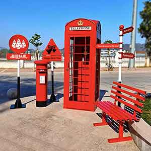 American 1950s retro diner red metal telephone booth, metal telephone kiosk, red metal mailbox, metal bench, metal signage models-1950s retro diner decor design R-8925