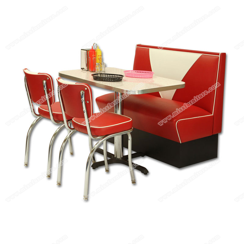 Classical retro restaurant 1950s V shape dining table and chair & booth set, American midcentury retro diner stailess steel table and booth & chair set