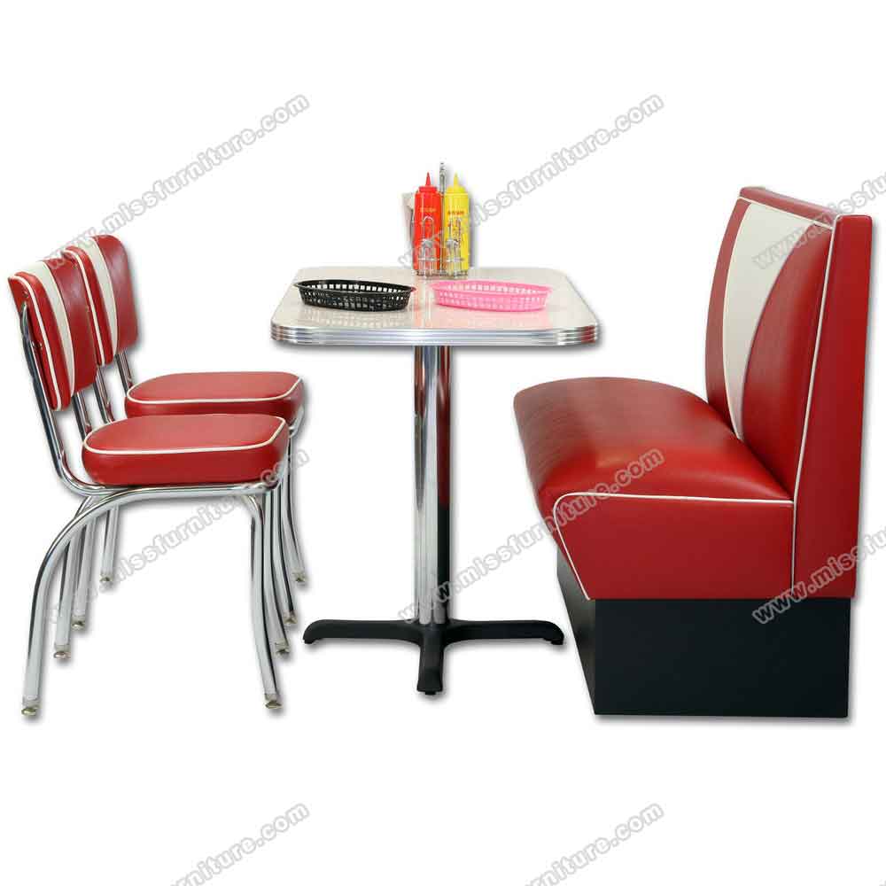 High quality red and white V back leather midcentury american 1950s diner booth sofas with chrome diner chairs table set furniture, American 1950s retro diner table and booth seating set furniture R-8142