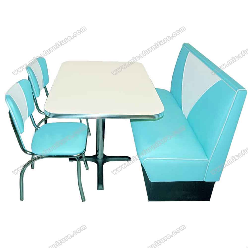 Whoelsale blue PU leather V back with piping 1950's retro diner booth seating with diner table, chrome diner chair set, American 1950s retro diner table and booth seating set furniture R-8143