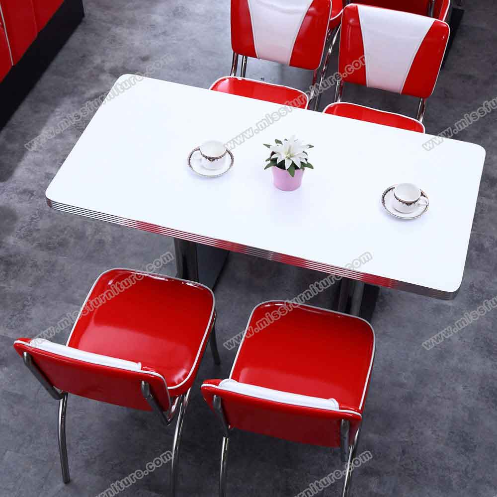 Wholesale high gloss red and white V back cafeteria 50s retro diner chair with formica steel diner chairs set furniture, American 1950s retro diner table and chairs set furniture R-8992