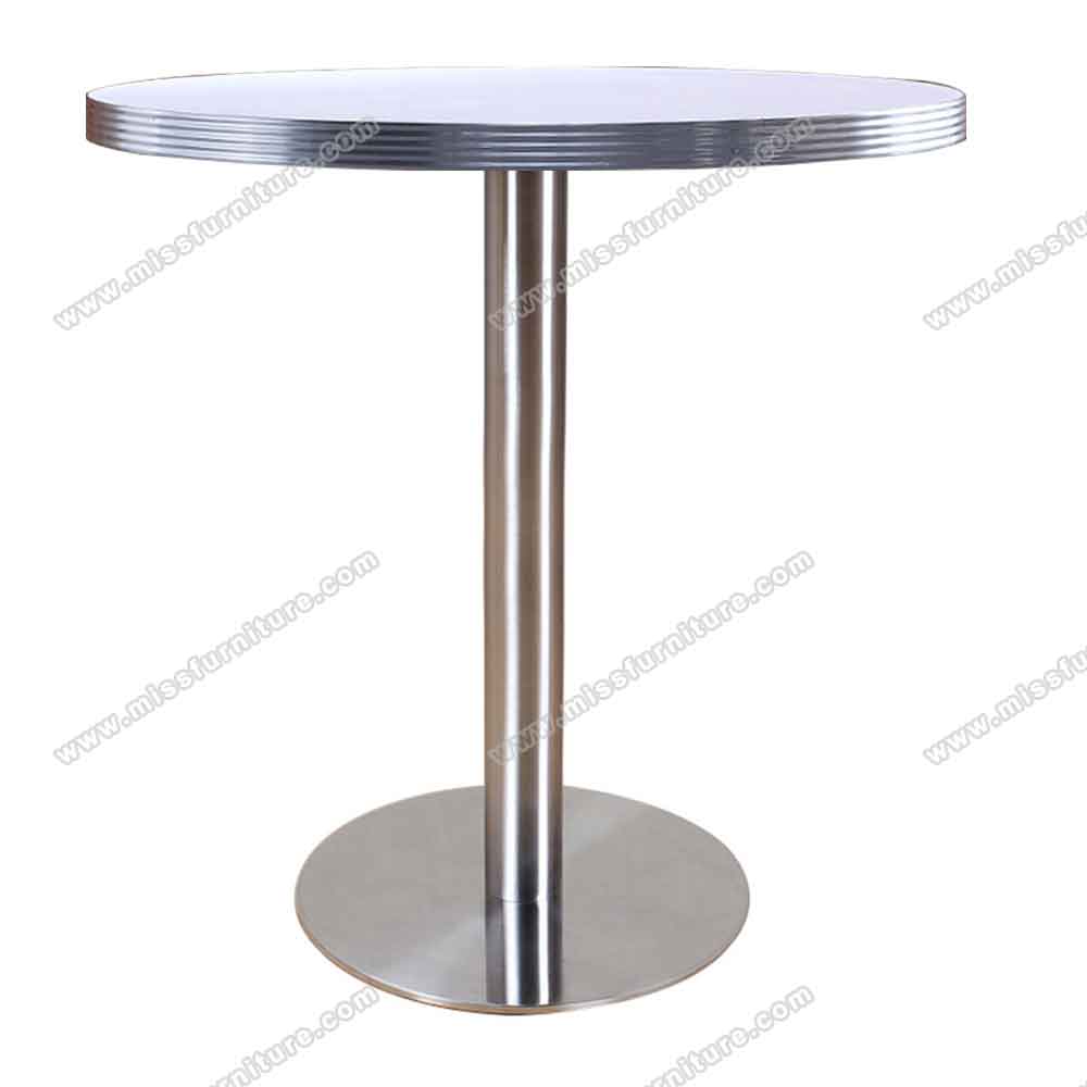 Round Formica white color table top with round #304 stainless steel table legs retro 1950's dinette table, American 1950s style retro diner table R-8204