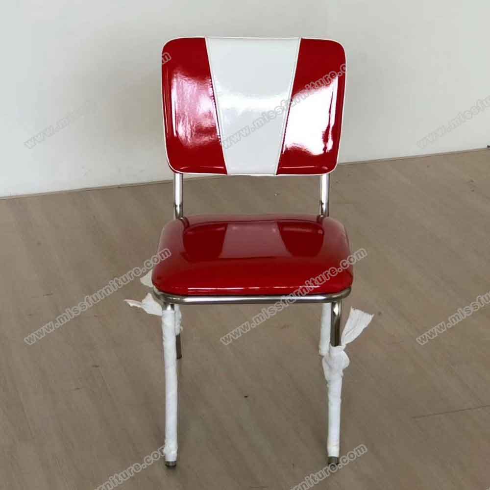 Glossy ruby color vinyl V shape back retro diner chairs, high quality thin seat glossy ruby leather retro 1950s diner chairs