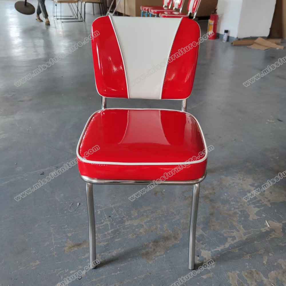 Wholesale V shape back red retro 1950s diner chairs, midcentury American style red and white color vinyl retro diner chairs