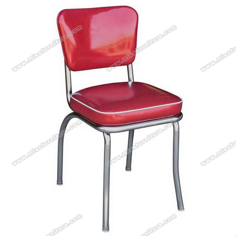 Simple red bent backrest 1960s style steel café room retro chairs, red leather with piping bent backrest cafeteria retro 1960s chairs, American 1950s style retro diner chair furniture M-8349