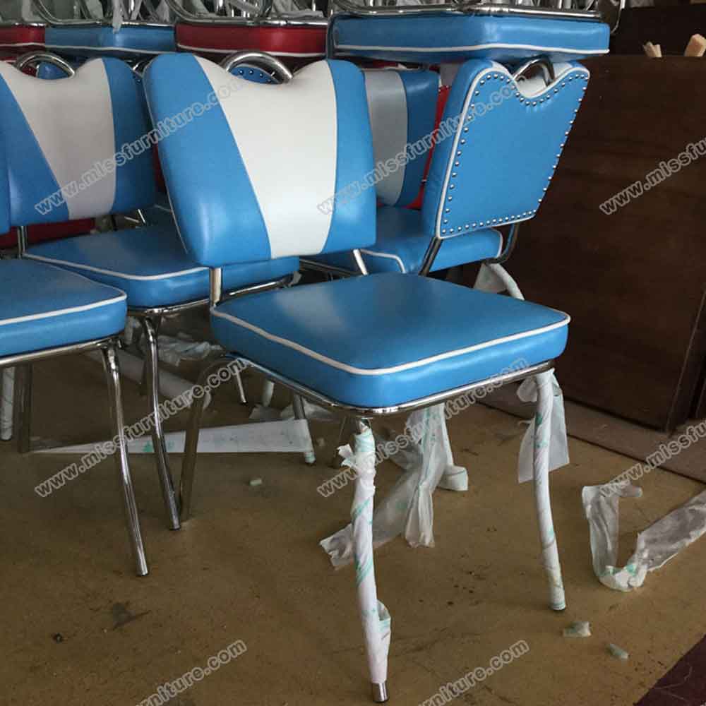 Gloss red and white V back restaurant retro 1950s chrome chairs, restaurant red and white leather with handle 1950s retro dining chairs, American 1950s style retro diner chair furniture M-8367